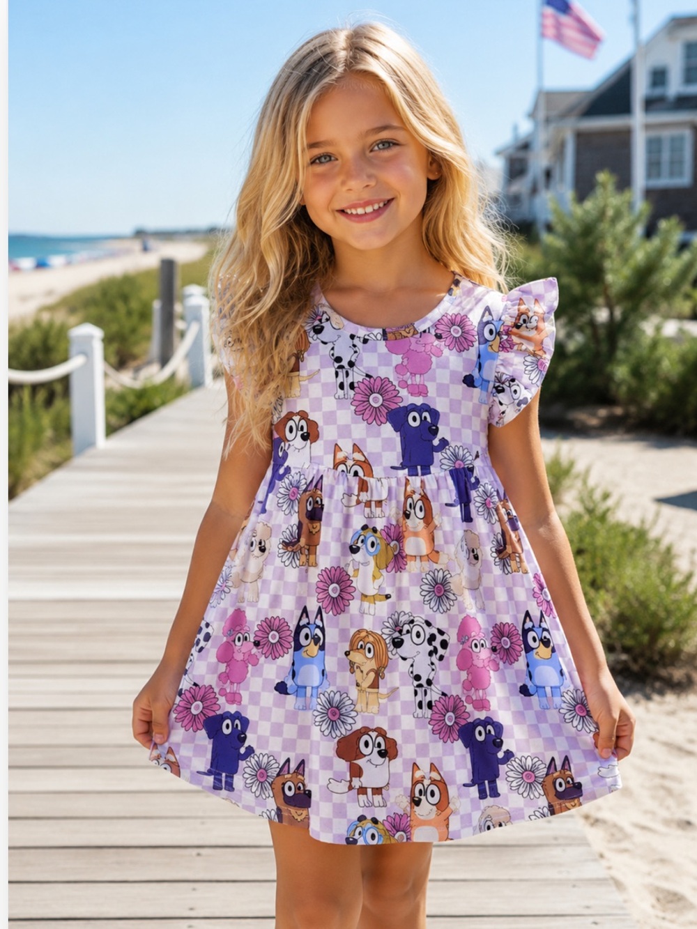 New Girls' Boutique Bluey and Friends Floral Check Flutter Sleeve Dress‎ Casual